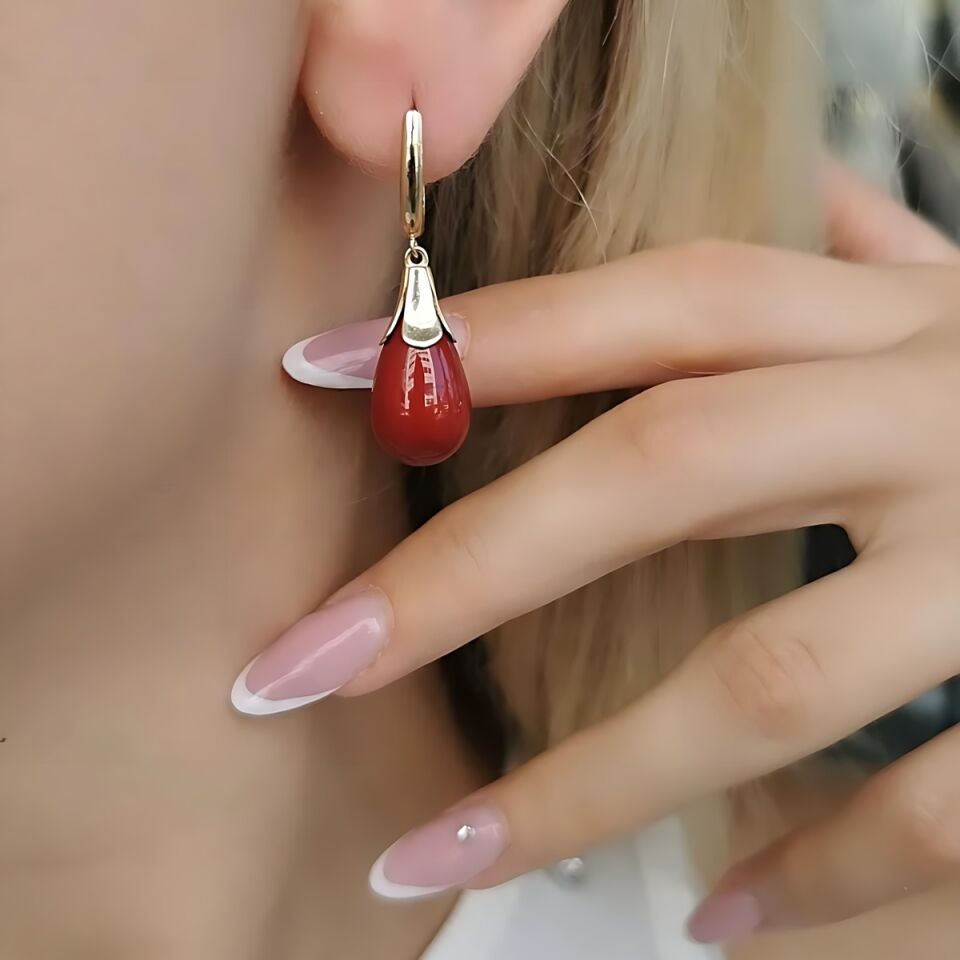 14 AYAR MERCAN RENGİ DROP TAŞLI KIRMIZI ÖZEL TASARIM ALTIN KÜPE