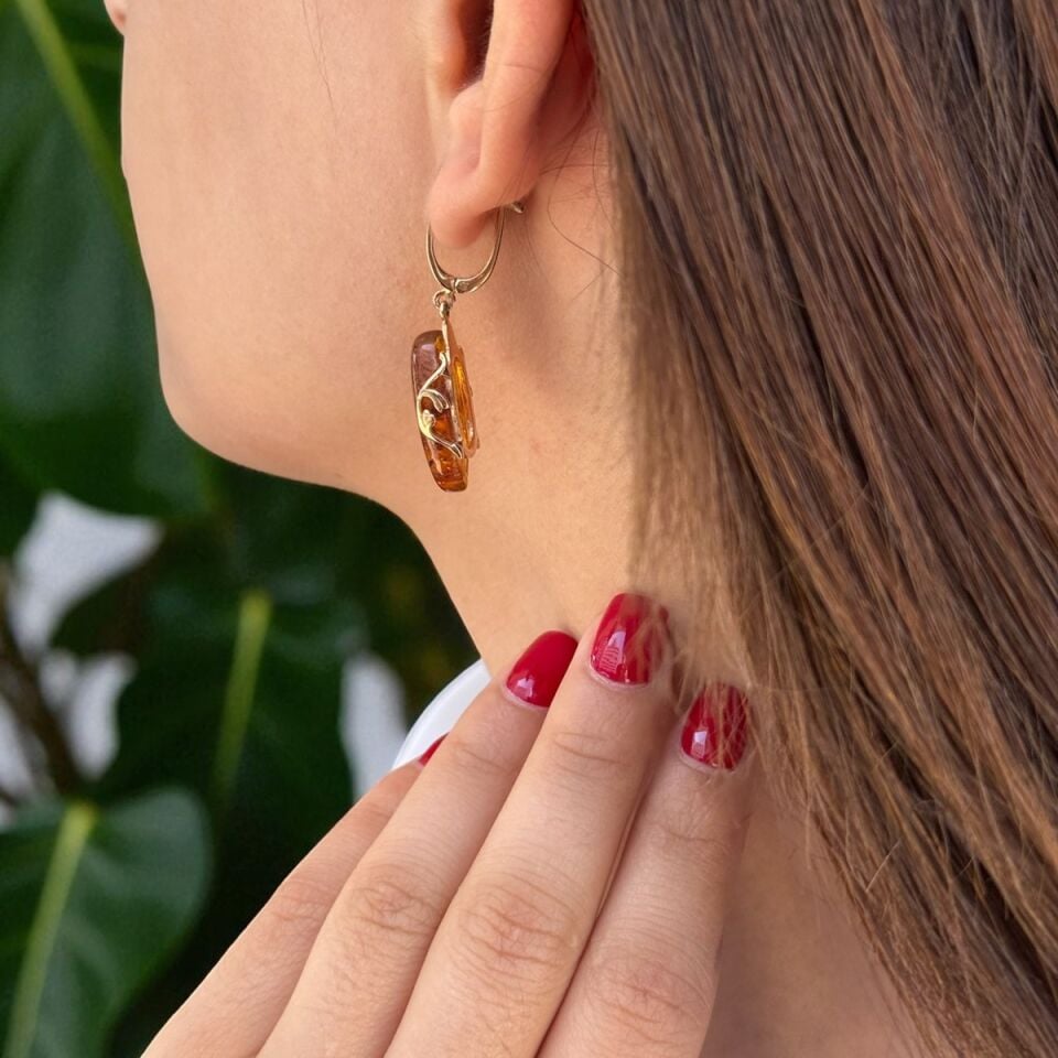 14 AYAR ÖZEL TASARIM BAL TOPAZ TAŞLI ROSE RENGİ ALTINLI PIRLANTA TAŞ TASARIMLI KÜPE