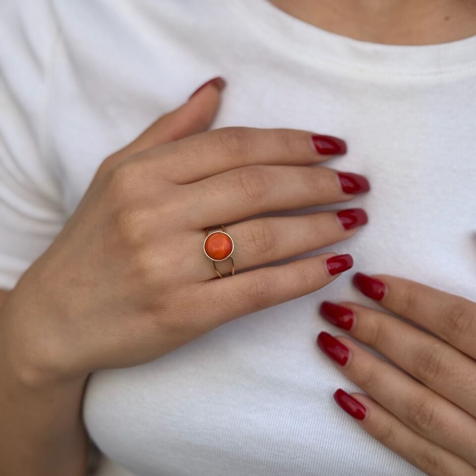 14 AYAR TURUNCU KEDİGÖZÜ TAŞLI ELİŞİ YÜZÜK