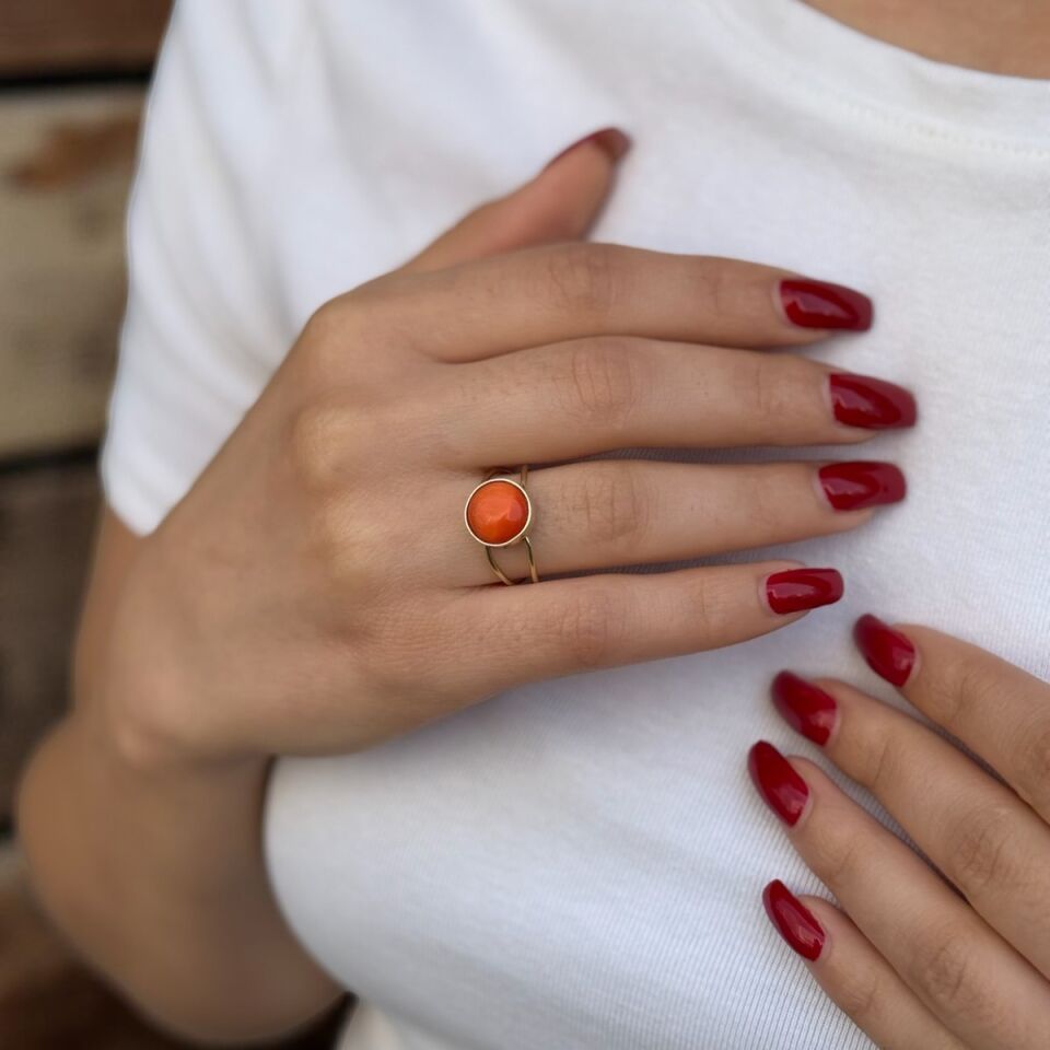 14 AYAR TURUNCU KEDİGÖZÜ TAŞLI ELİŞİ YÜZÜK