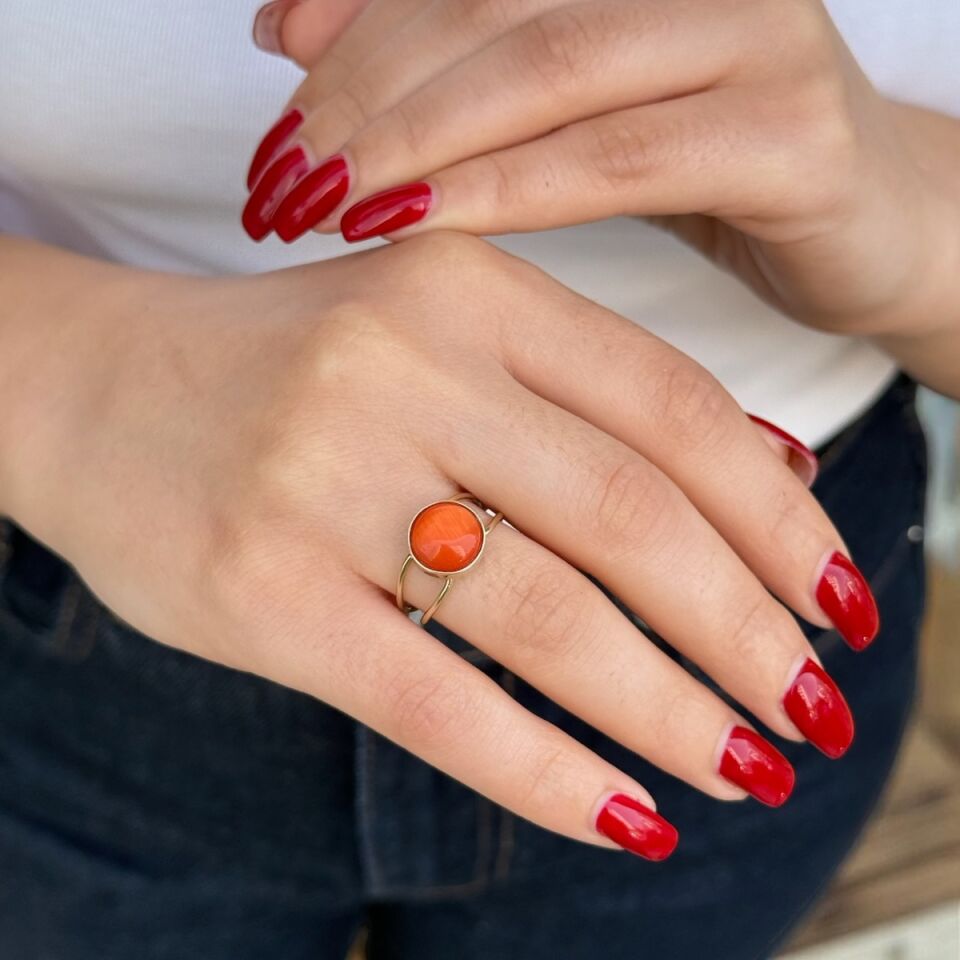 14 AYAR TURUNCU KEDİGÖZÜ TAŞLI ELİŞİ YÜZÜK