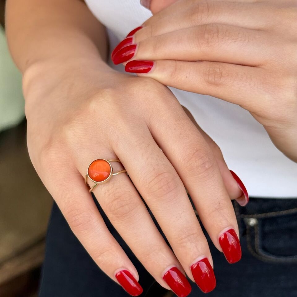 14 AYAR TURUNCU KEDİGÖZÜ TAŞLI ELİŞİ YÜZÜK