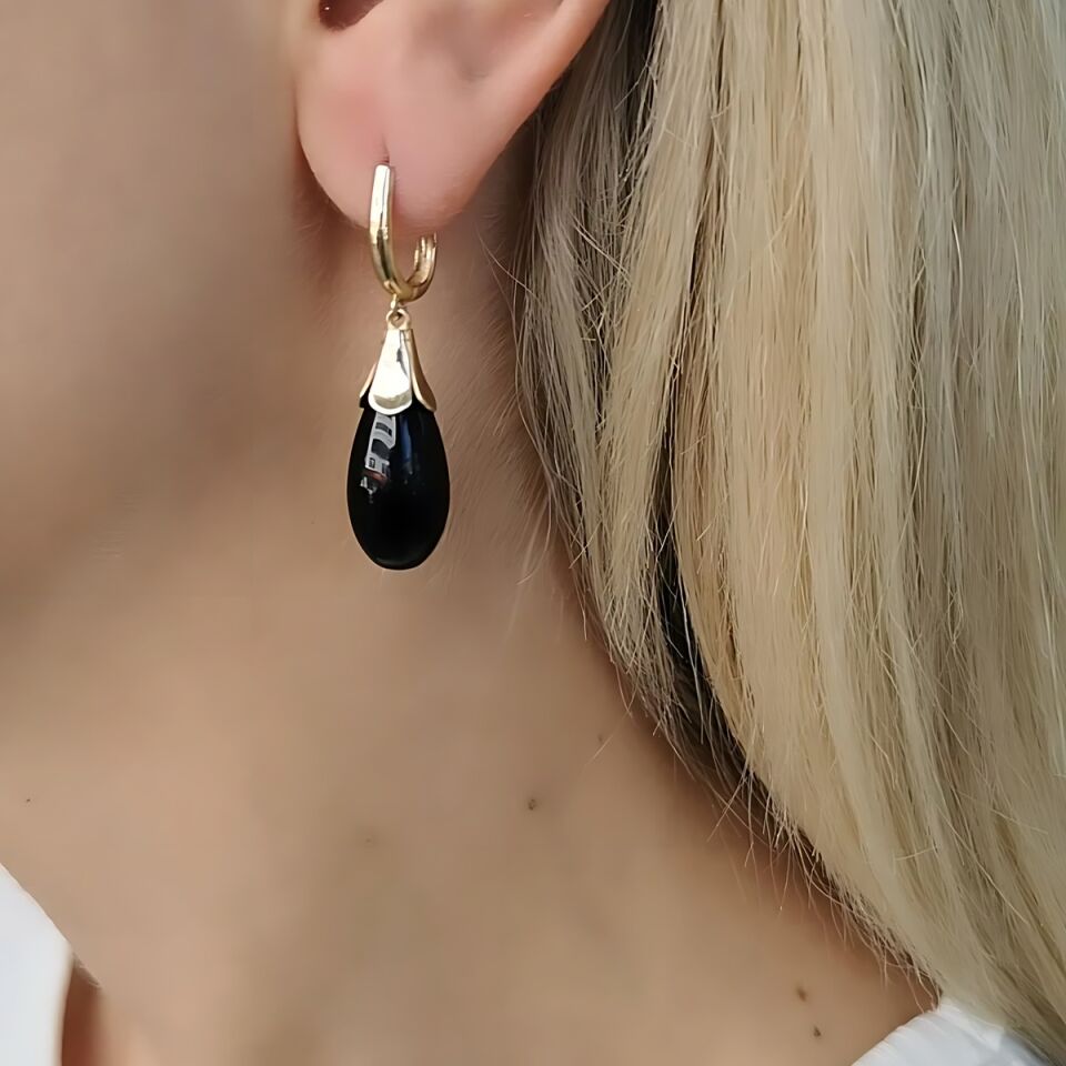 14 AYAR SİYAH DROP TAŞLI ÖZEL TASARIM ALTIN KÜPE