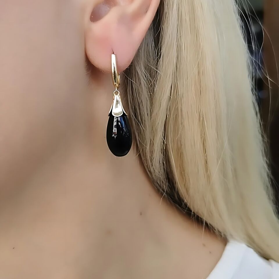 14 AYAR SİYAH DROP TAŞLI ÖZEL TASARIM ALTIN KÜPE