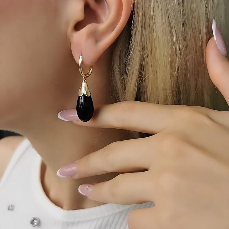 14 AYAR SİYAH DROP TAŞLI ÖZEL TASARIM ALTIN KÜPE