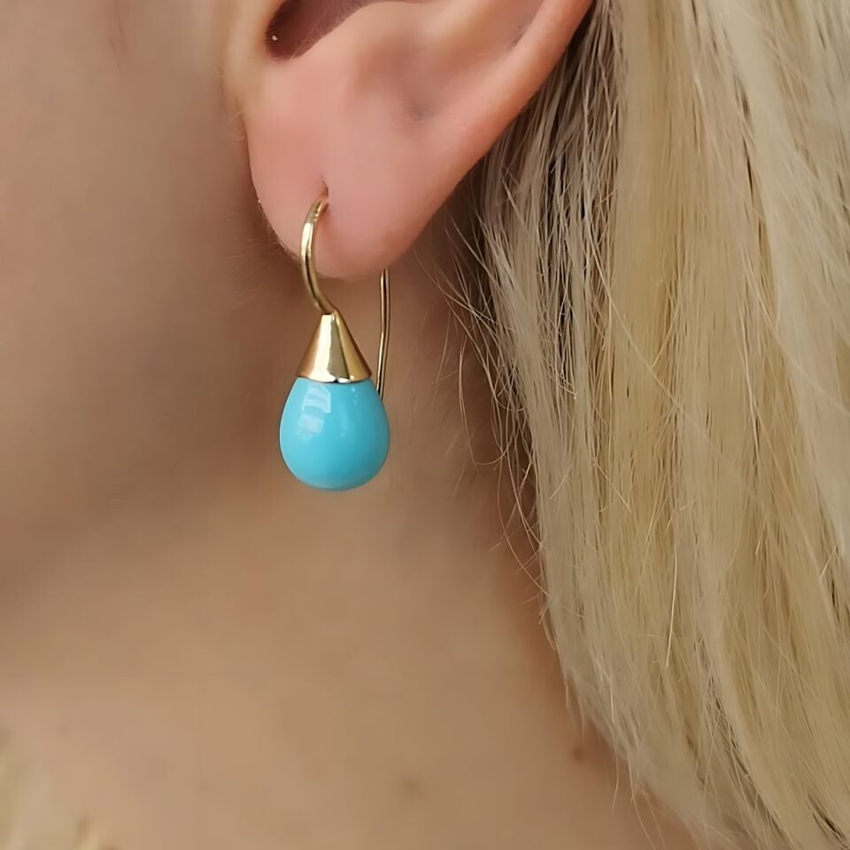 14 AYAR FİRUZE TAŞLI ÖZEL TASARIM ALTIN KÜPE