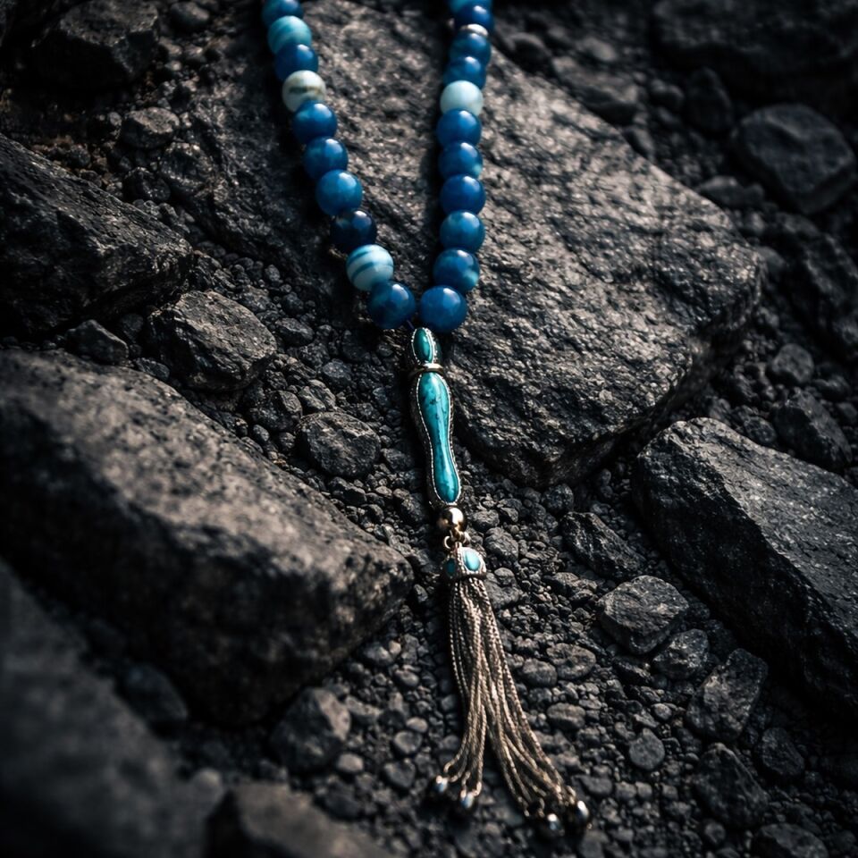 925 AYAR İTALYAN MAVİ AGAT TAŞLI GÜMÜŞ TESBİH