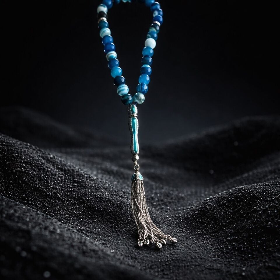 925 AYAR İTALYAN MAVİ AGAT TAŞLI GÜMÜŞ TESBİH