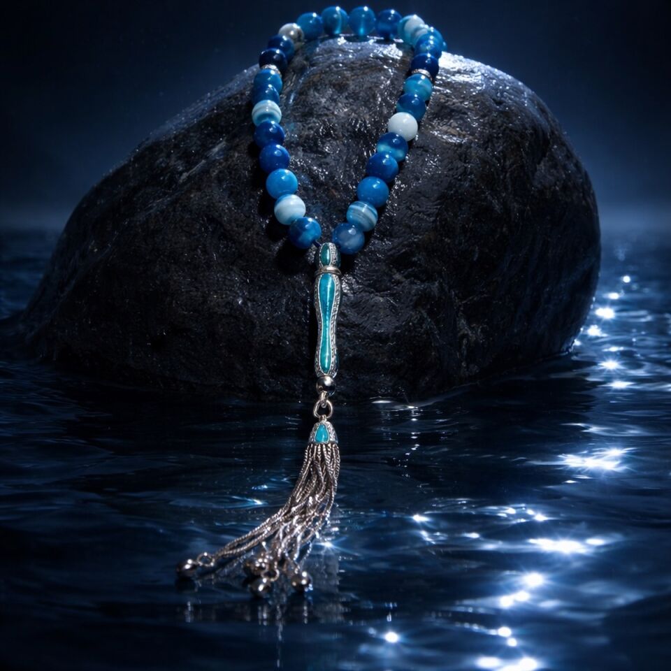 925 AYAR İTALYAN MAVİ AGAT TAŞLI GÜMÜŞ TESBİH