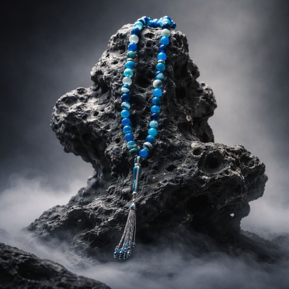 925 AYAR İTALYAN MAVİ AGAT TAŞLI GÜMÜŞ TESBİH