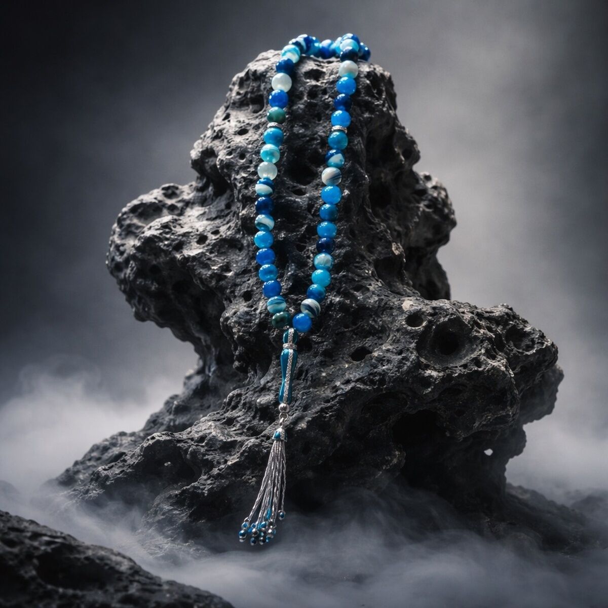 925 AYAR İTALYAN MAVİ AGAT TAŞLI GÜMÜŞ TESBİH