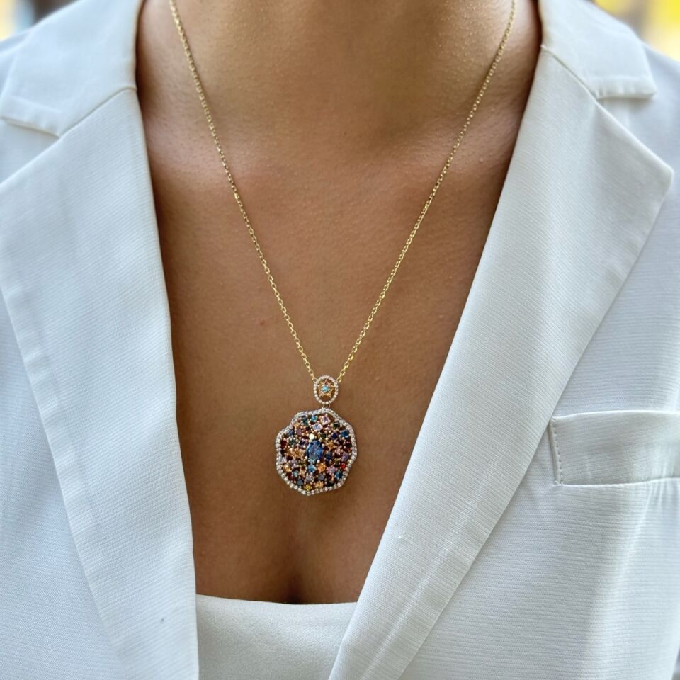 14 AYAR ÖZEL TASARIM TAŞLI İTALYAN MADALYON KOLYE