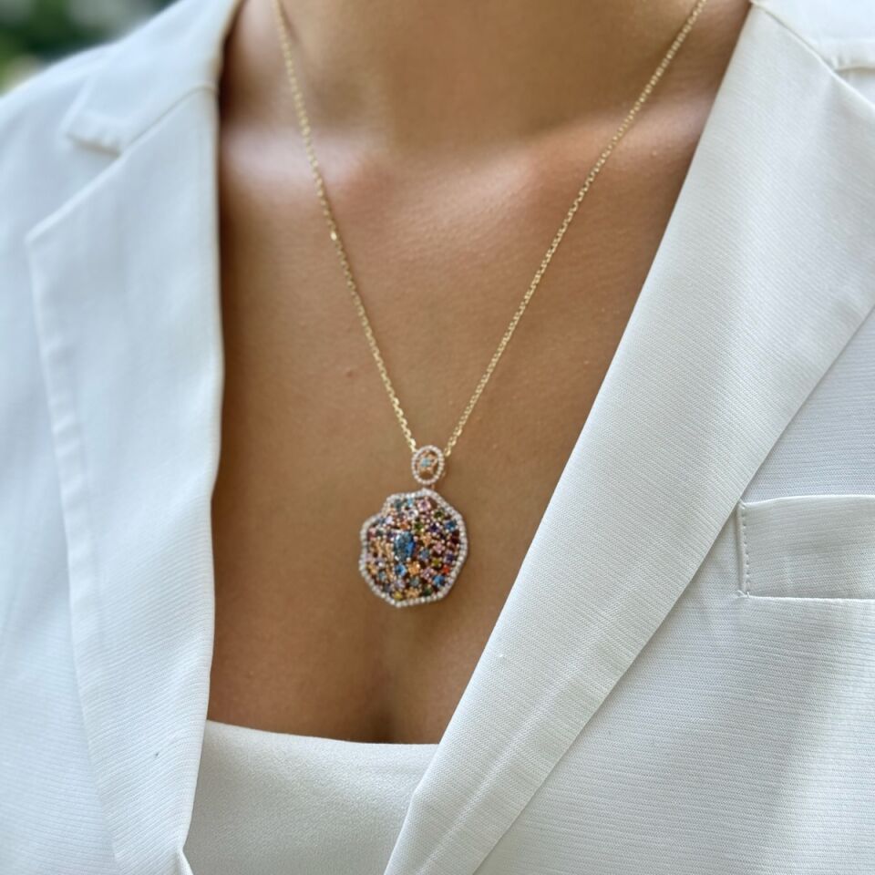 14 AYAR ÖZEL TASARIM TAŞLI İTALYAN MADALYON KOLYE