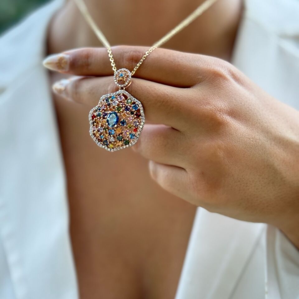 14 AYAR ÖZEL TASARIM TAŞLI İTALYAN MADALYON KOLYE