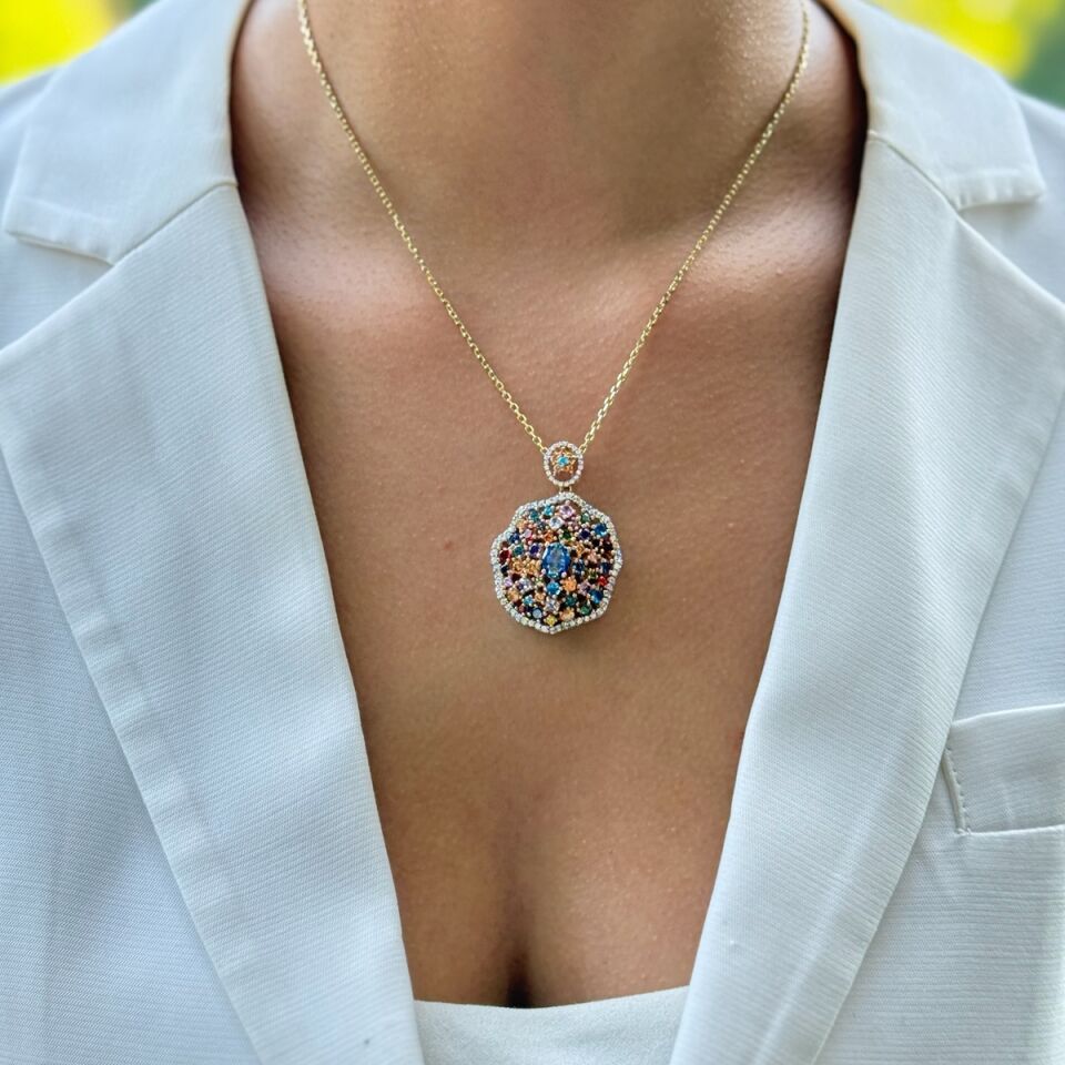 14 AYAR ÖZEL TASARIM TAŞLI İTALYAN MADALYON KOLYE