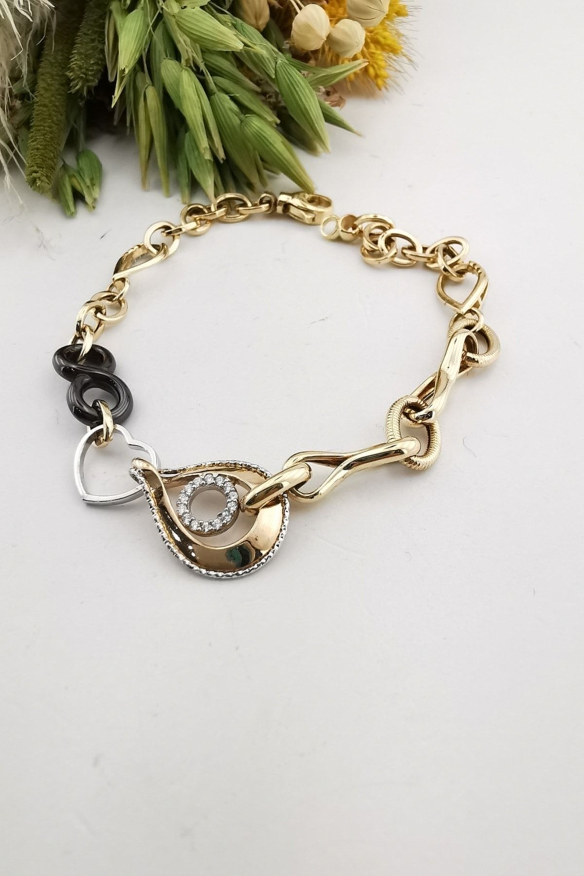 14 Ayar Italyan Marka Ortası Rose Rengi Detaylı Kahverengi Sonsuzluk Taşlı Altın Bileklik