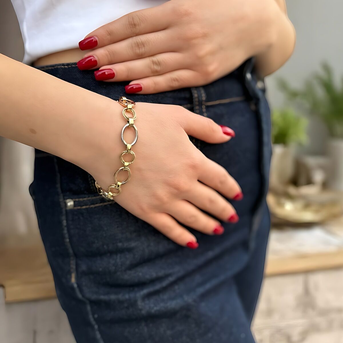 14 Ayar Bombe Halkalı Üç Renkten Oluşan Altın Bileklik